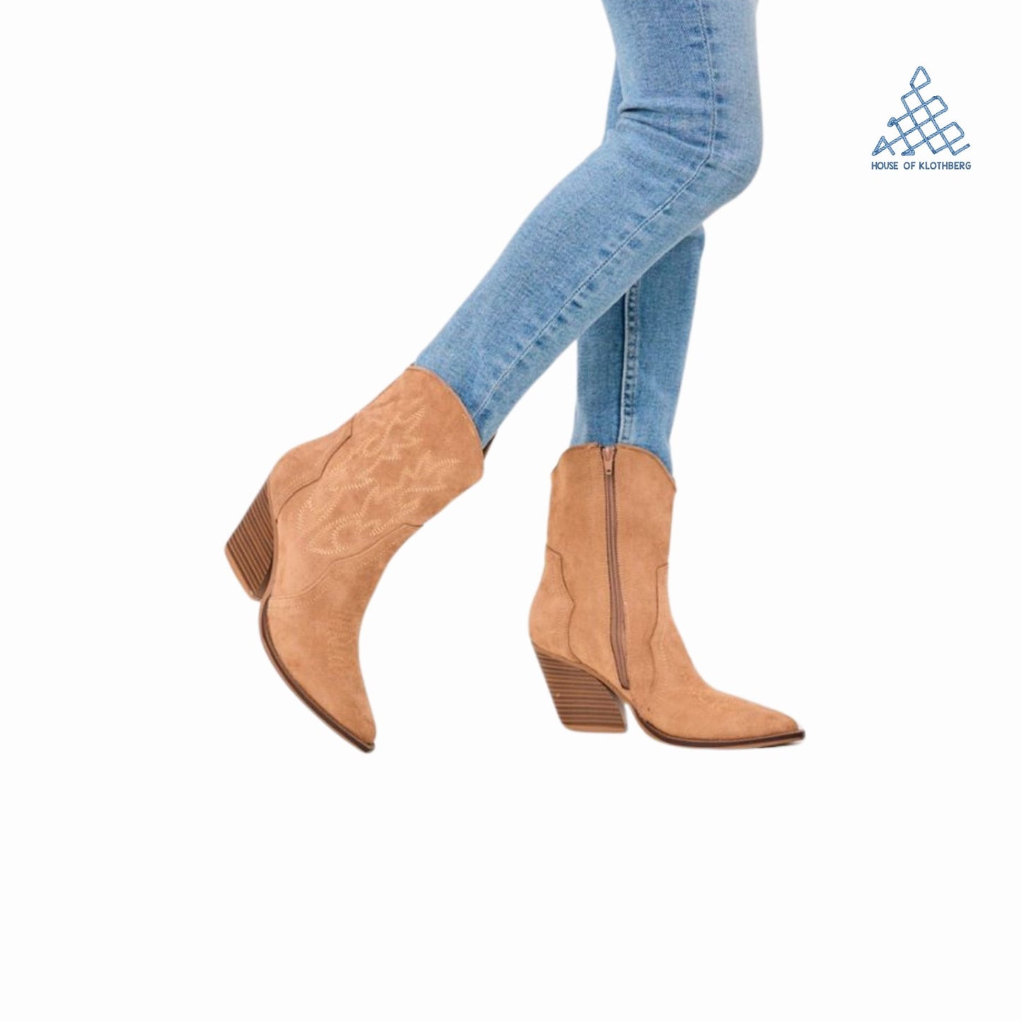 Suede Cowboy Block Heel Boots (Camel)