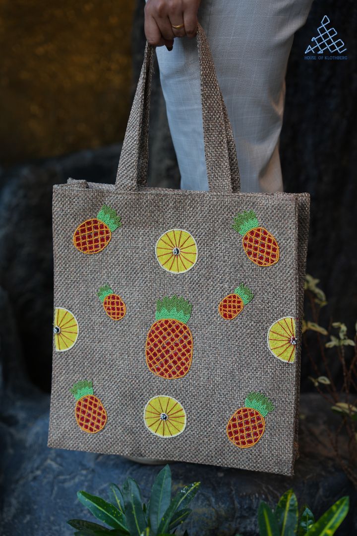 Tropica Beaded Jute Tote – Pineapple & Orange