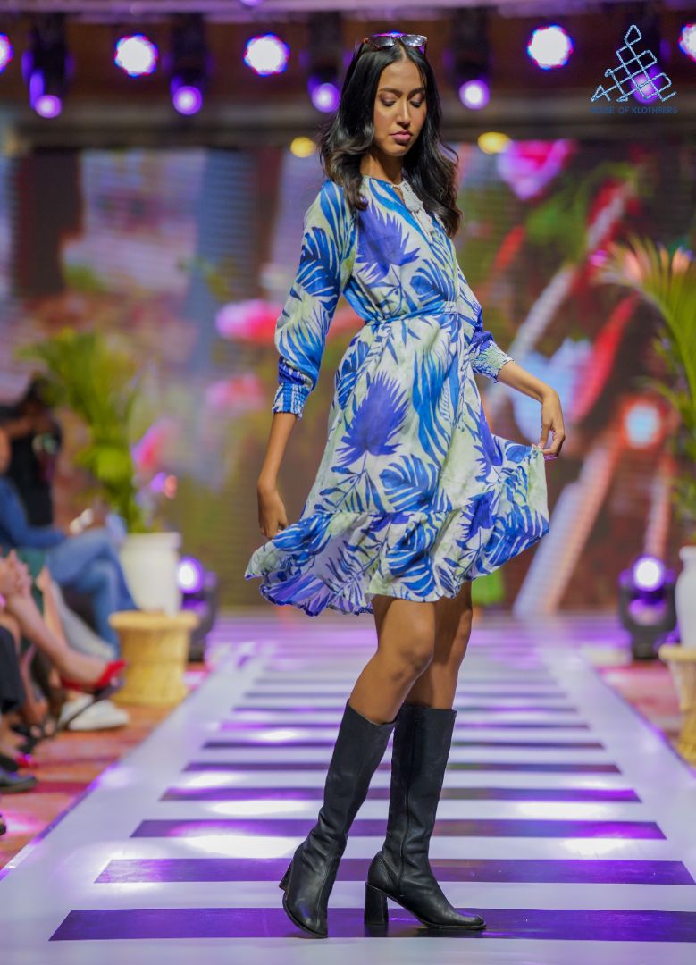 Azure Leaf Tie-Up Midi Dress